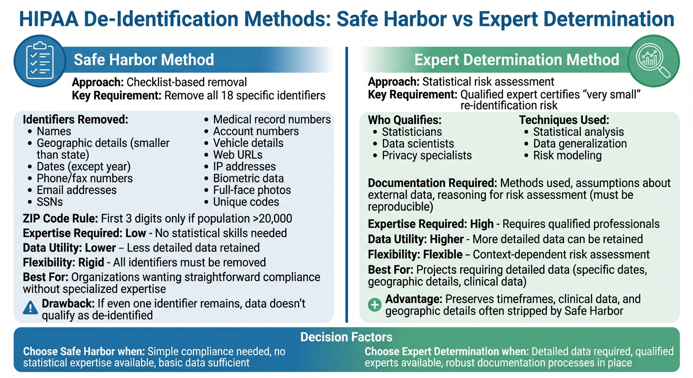 HIPAA Safe Harbor vs Expert Determination De-Identification Methods Comparison
