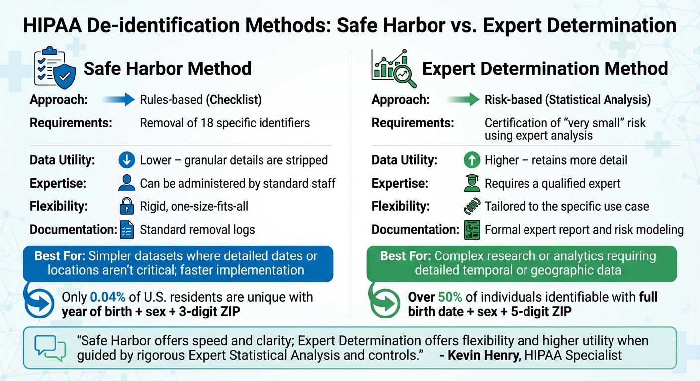 HIPAA Safe Harbor vs Expert Determination De-Identification Methods Comparison