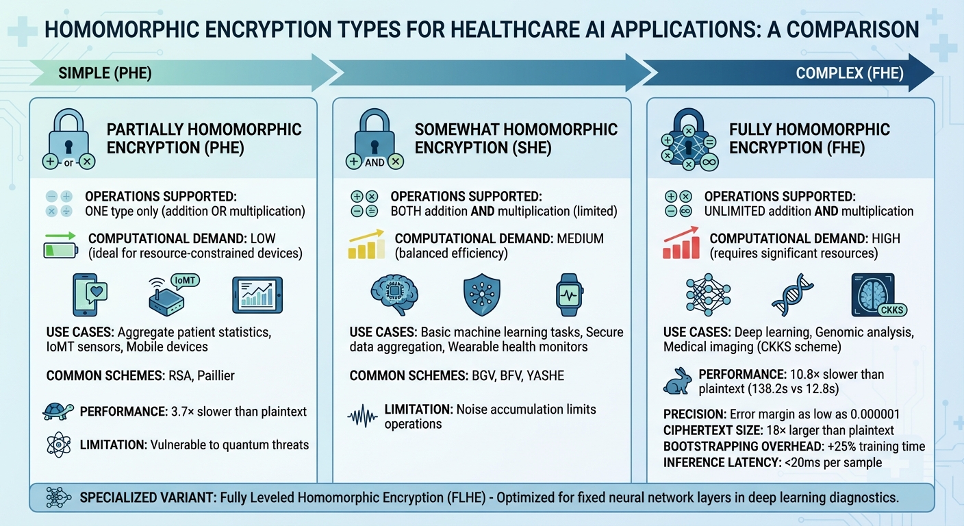 Comparison of Three Types of Homomorphic Encryption for Healthcare AI