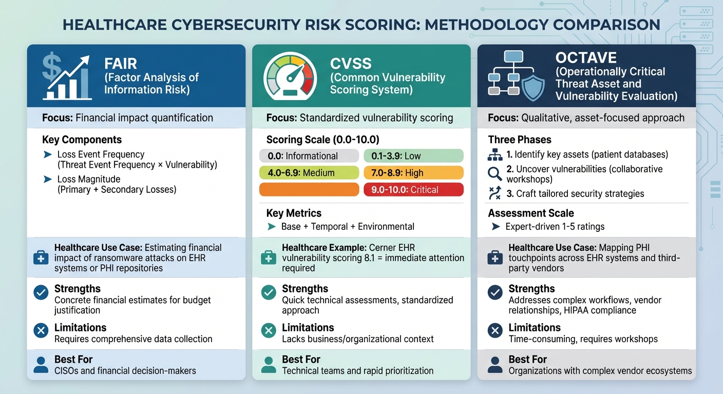 Comparison of FAIR, CVSS, and OCTAVE Risk Scoring Methodologies in Healthcare