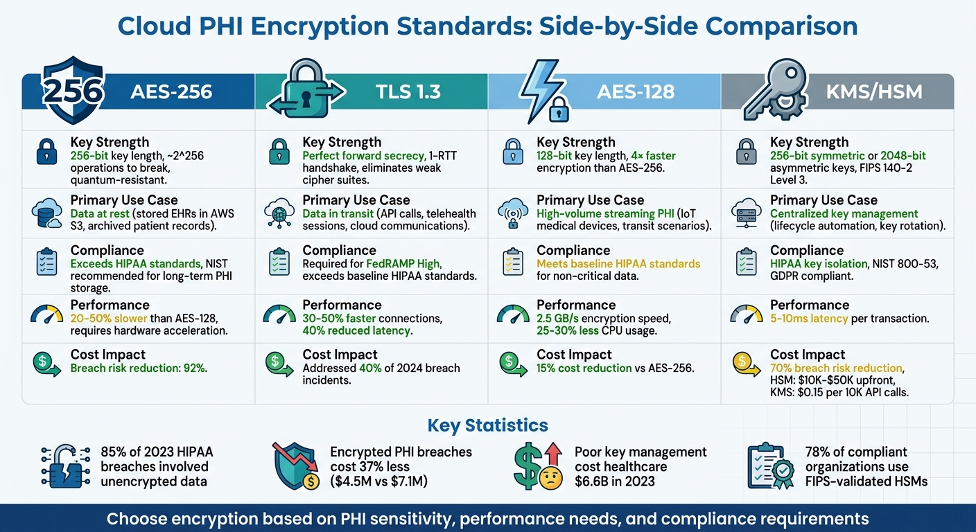 Cloud PHI Encryption Standards Comparison: AES-256, TLS 1.3, AES-128, and KMS/HSM