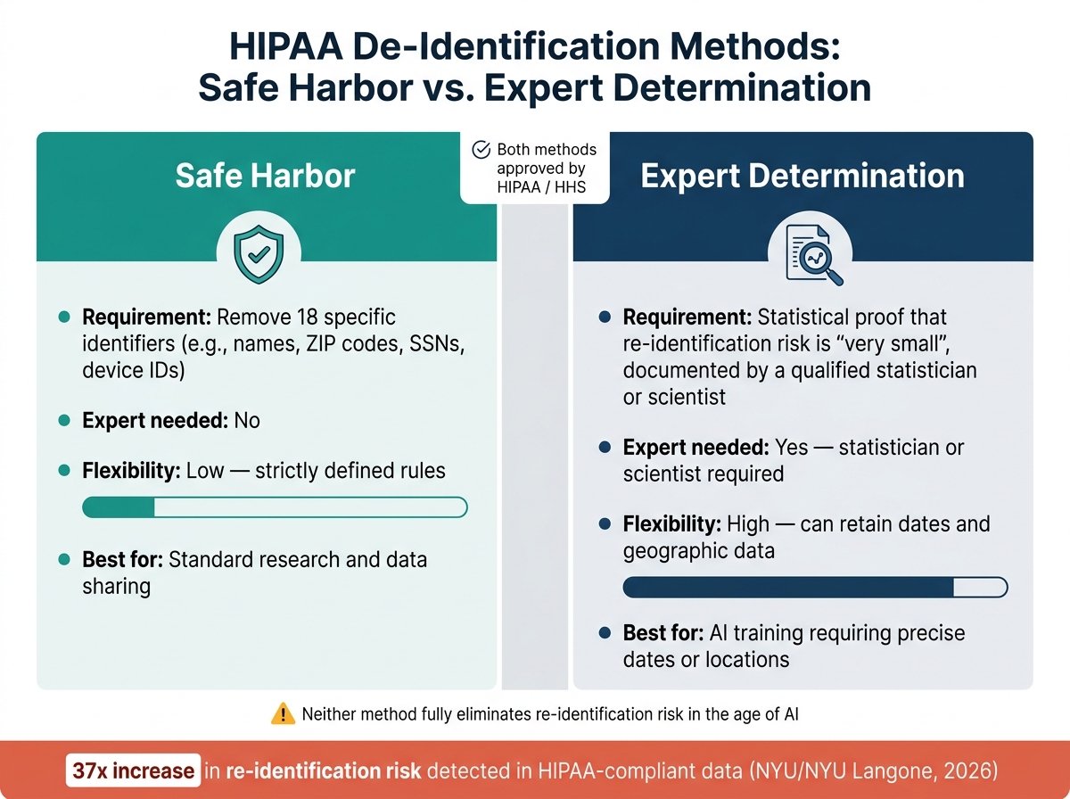 HIPAA De-Identification Methods: Safe Harbor vs. Expert Determination