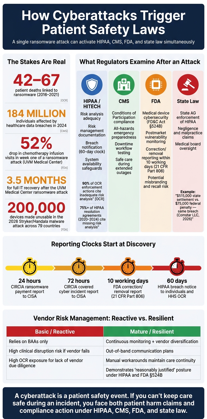 Cyberattack Compliance Triggers: HIPAA, CMS, FDA & State Law at a Glance
