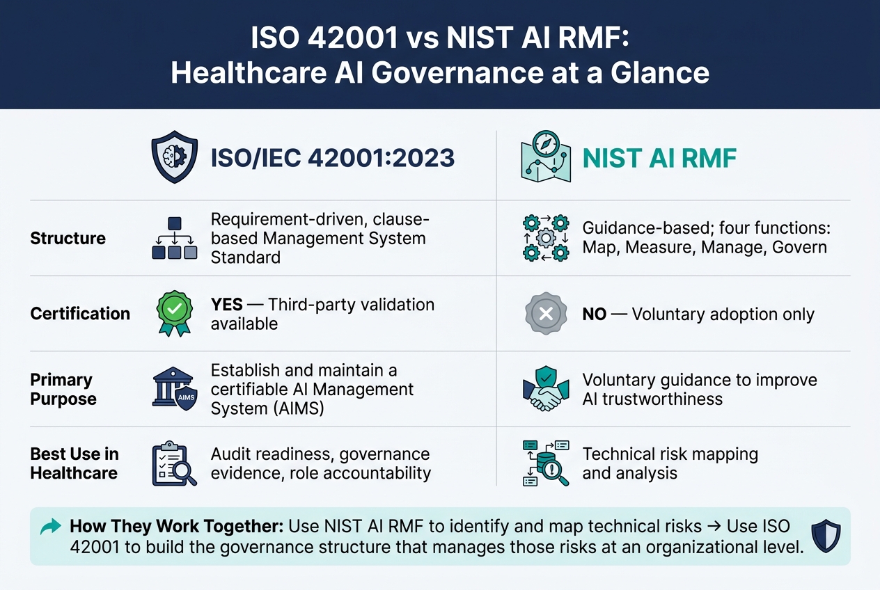 ISO 42001 vs NIST AI RMF: Healthcare AI Governance Comparison