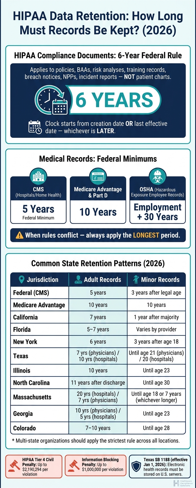 HIPAA Data Retention Rules by Record Type & Jurisdiction (2026)