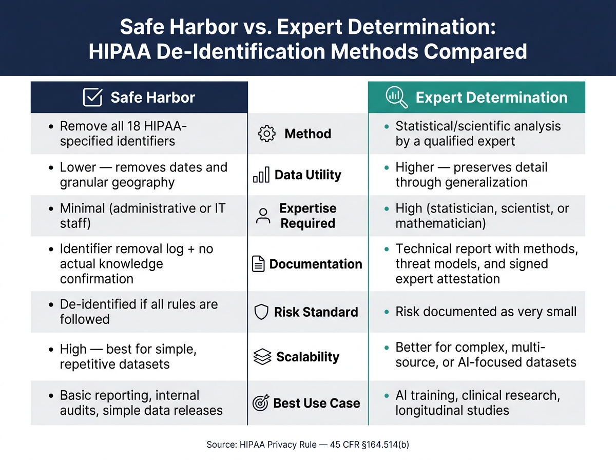 Safe Harbor vs. Expert Determination: HIPAA De-Identification Methods Compared