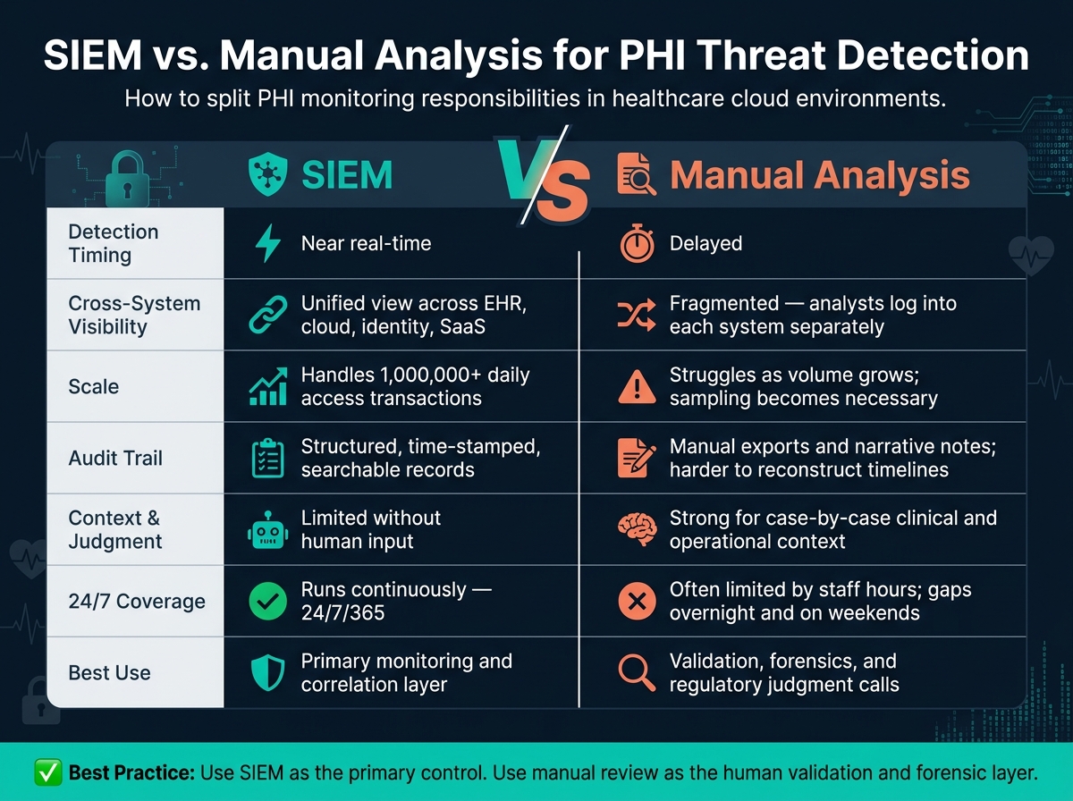 SIEM vs. Manual Analysis for PHI Threat Detection: Key Differences