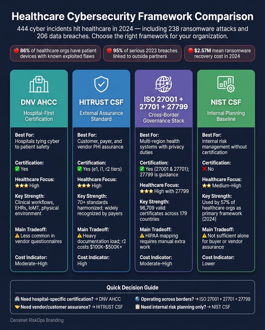 Healthcare Cybersecurity Frameworks Compared: DNV AHCC vs HITRUST vs ISO vs NIST CSF