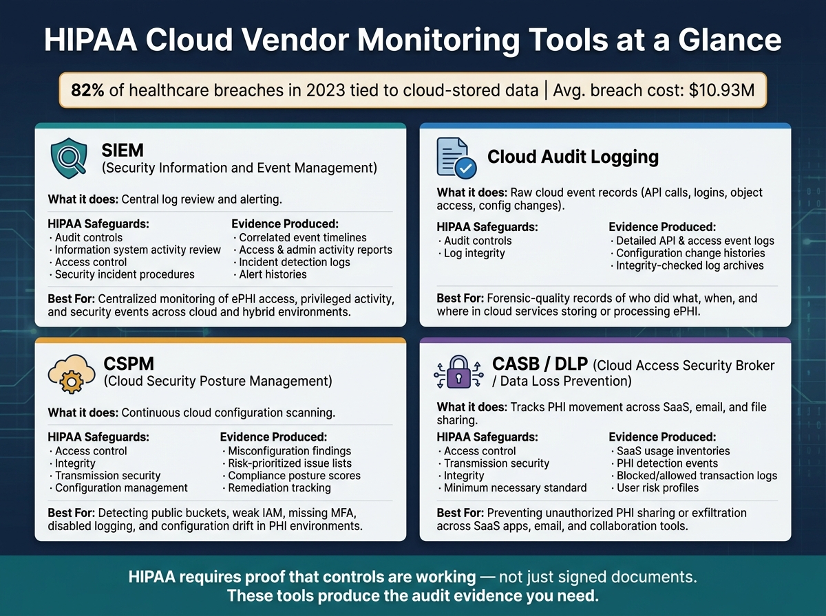 HIPAA Cloud Vendor Monitoring Tools: SIEM vs CSPM vs CASB/DLP vs Audit Logging