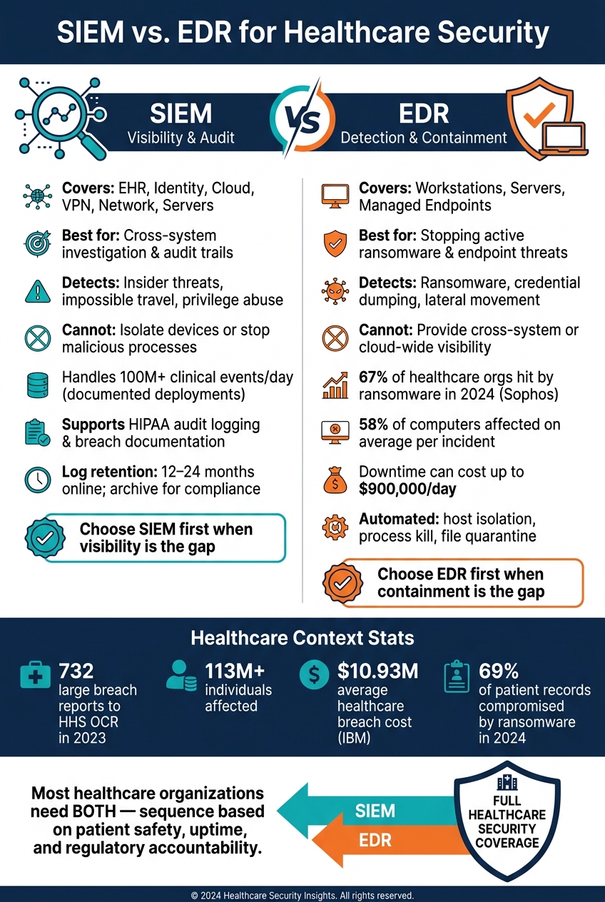 SIEM vs. EDR for Healthcare: Key Differences at a Glance