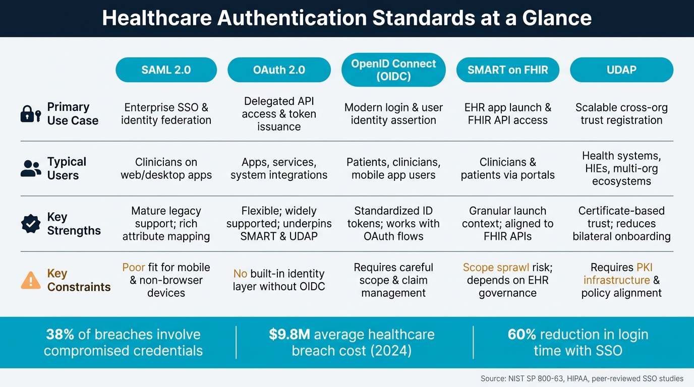 Healthcare Authentication Standards Compared: SAML, OAuth 2.0, OIDC, SMART on FHIR & UDAP