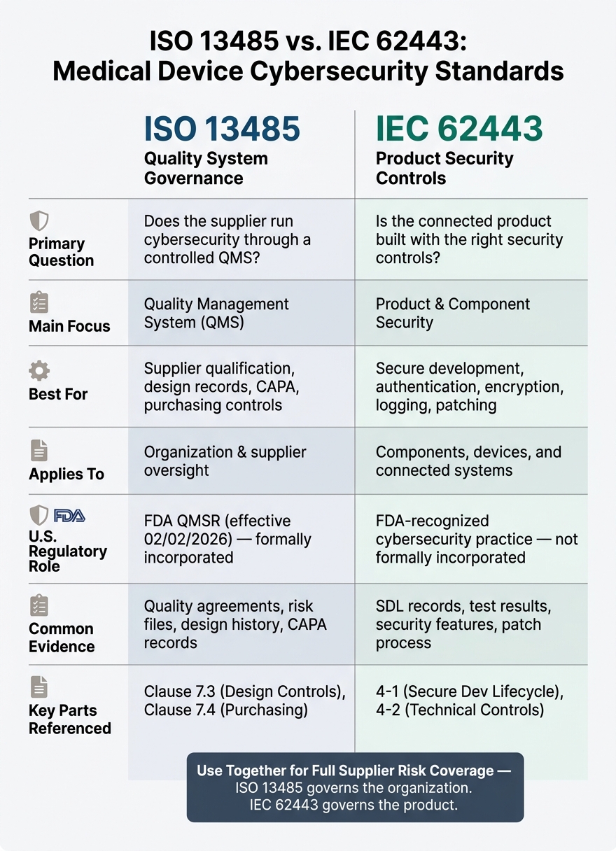 ISO 13485 vs. IEC 62443: Medical Device Cybersecurity Standards Compared