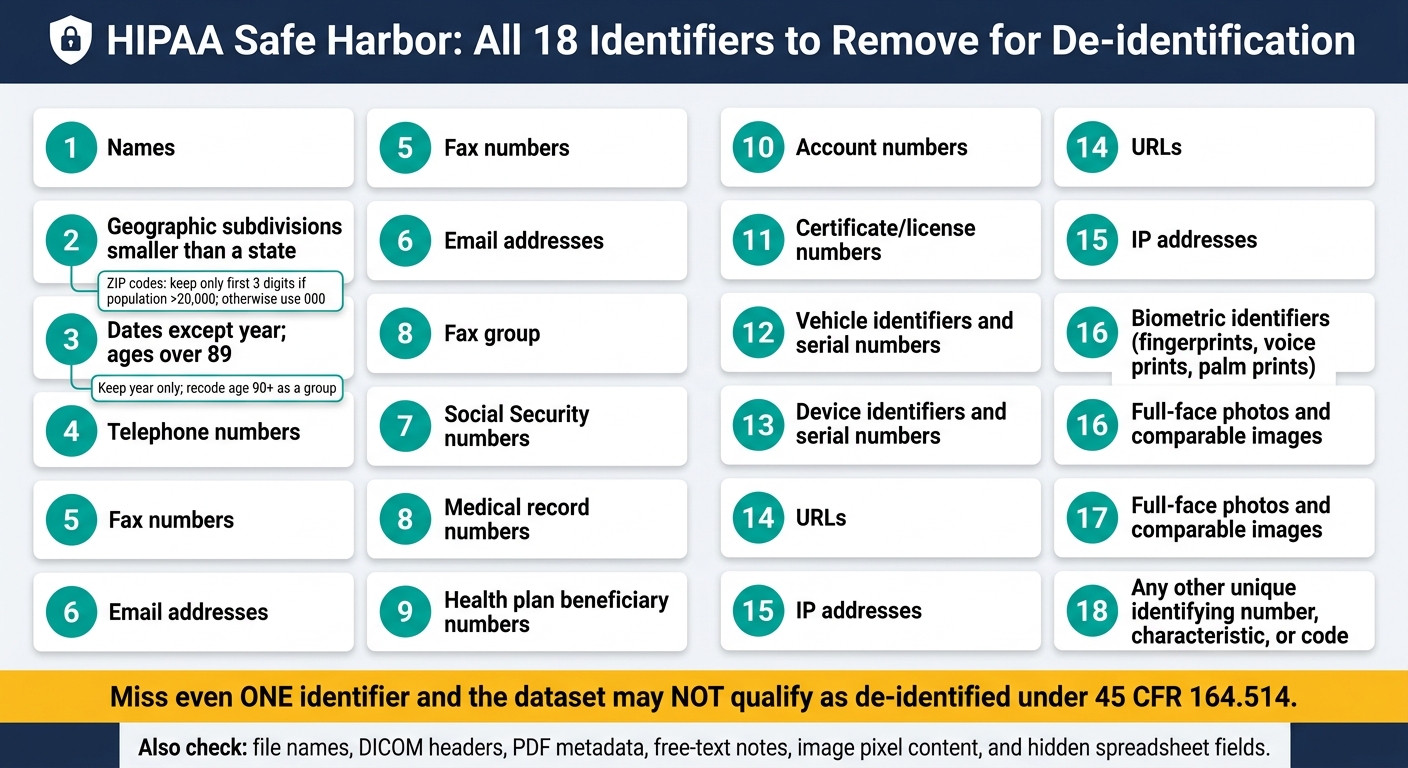 HIPAA Safe Harbor: All 18 Identifiers to Remove for De-identification