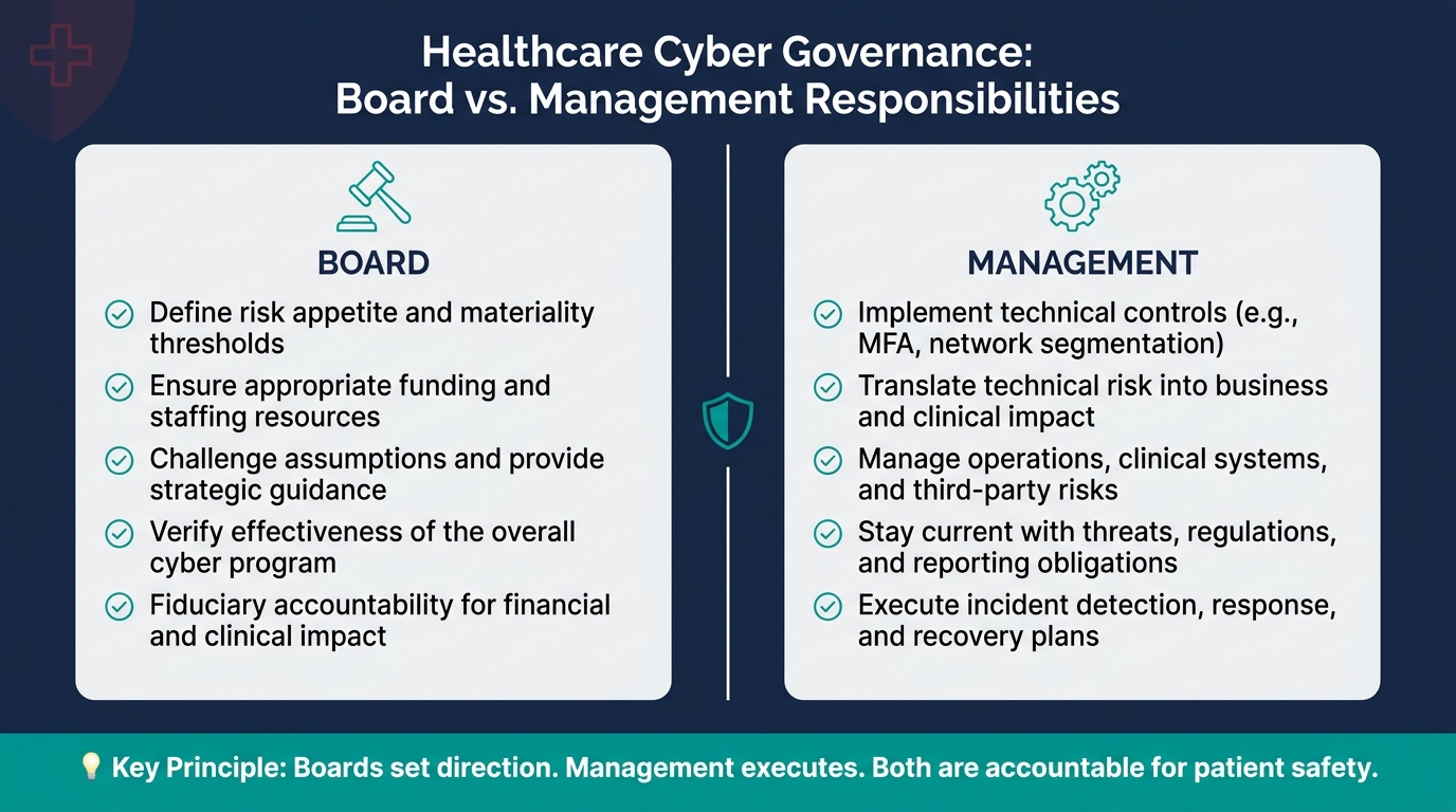 Healthcare Cyber Risk: Board vs. Management Responsibilities at a Glance