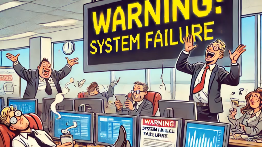 Cartoon of panicked office workers at their computers as a large screen flashes "WARNING: SYSTEM FAILURE," illustrating the danger of complacency in risk management.