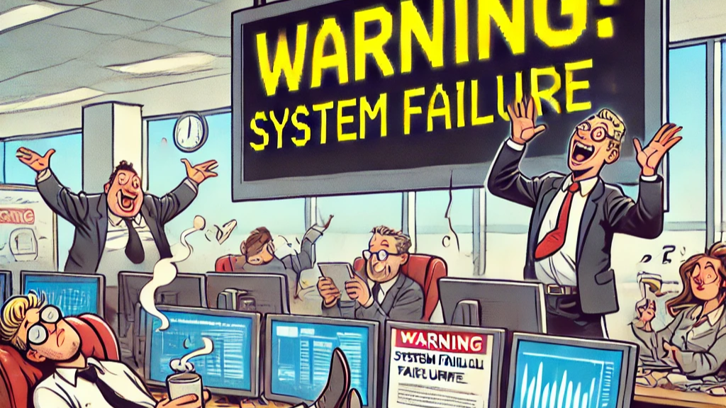 Cartoon of panicked office workers at their computers as a large screen flashes "WARNING: SYSTEM FAILURE," illustrating the danger of complacency in risk management.