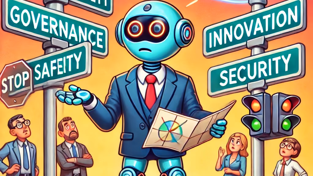 Cartoon of a confused AI robot in a suit holding a map at a crossroads of street signs reading Governance, Safety, Innovation, and Security as onlookers watch.