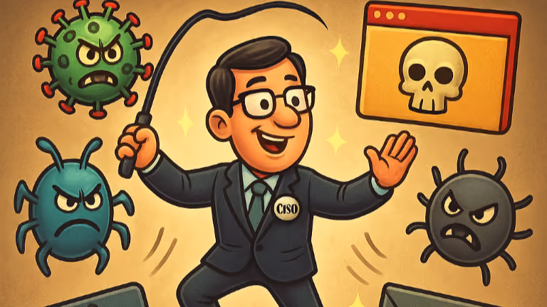 Cartoon of a CISO in a suit cracking a whip to hold back angry virus and malware creatures beside a skull warning window.