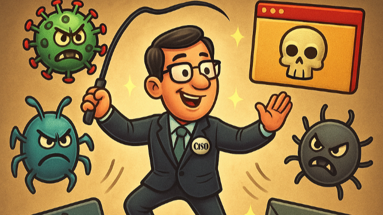 Cartoon of a CISO in a suit cracking a whip to hold back angry virus and malware creatures beside a skull warning window.