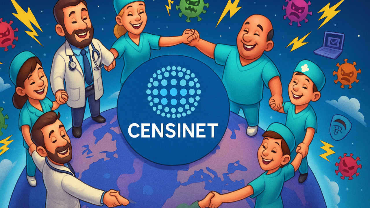 Cartoon of doctors and nurses holding hands in a circle around a globe with the Censinet logo, united against surrounding cyber threats.