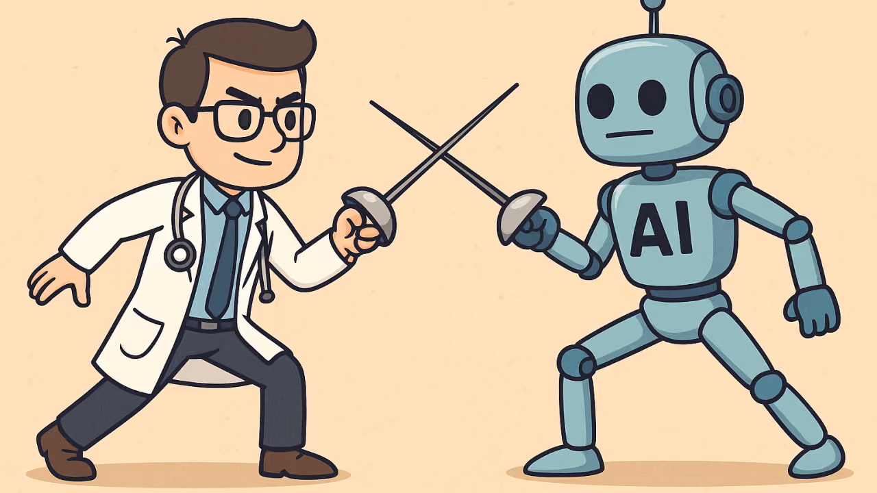 Cartoon of a doctor in a white coat sword fencing with an AI robot, symbolizing the tension between automation and transformation.