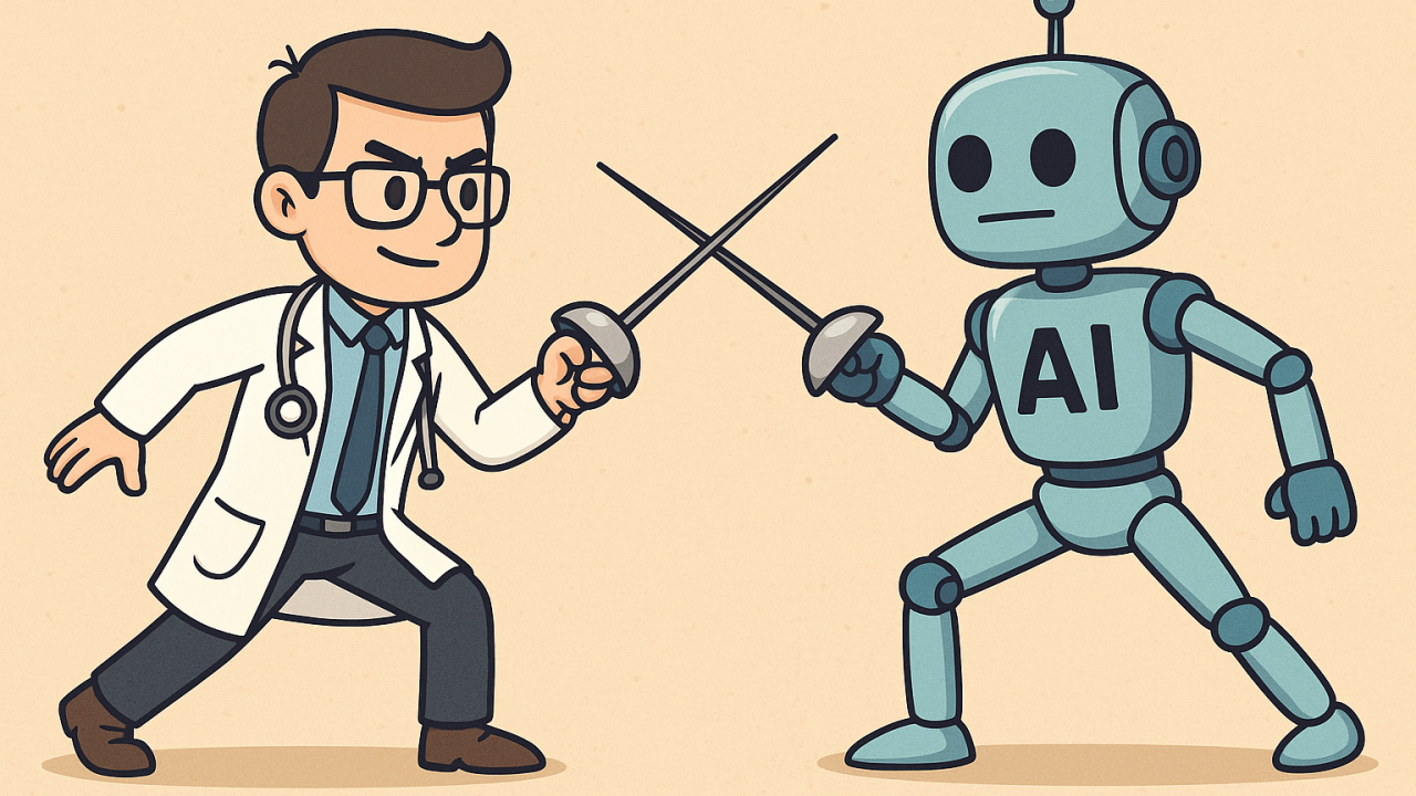 Cartoon of a doctor in a white coat sword fencing with an AI robot, symbolizing the tension between automation and transformation.