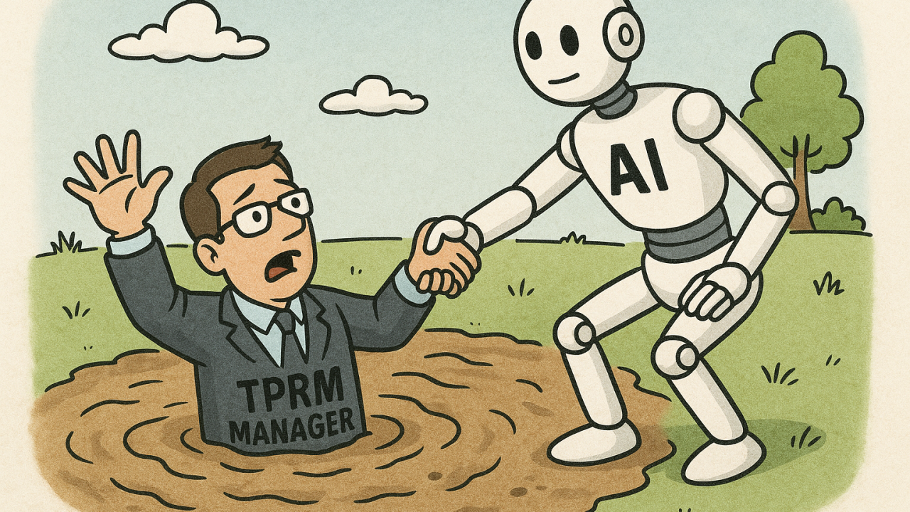 Cartoon of an AI robot pulling a TPRM manager in a business suit out of a mud pit, illustrating getting unstuck with technology.