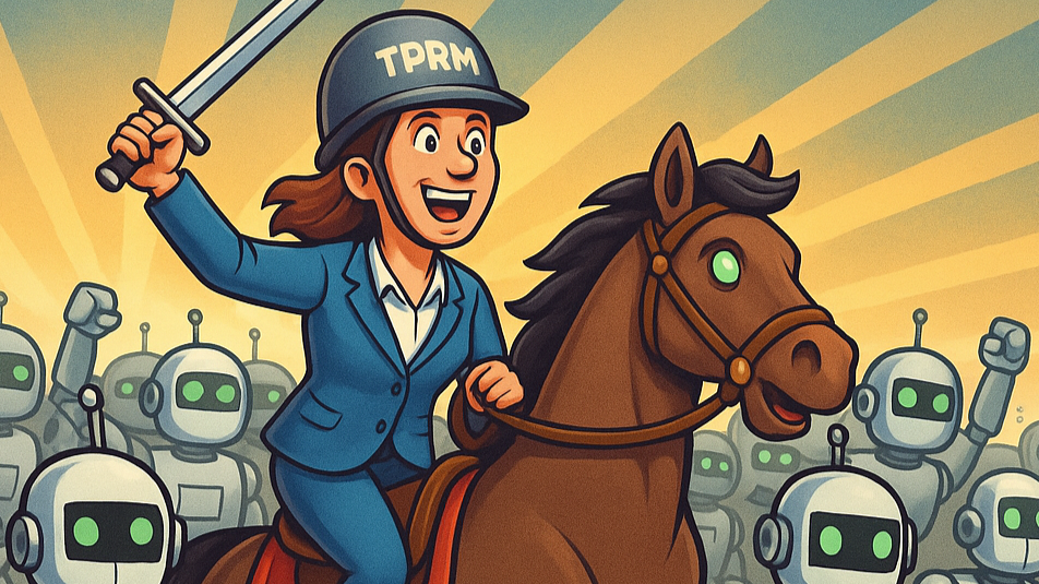 Cartoon of a woman in a TPRM helmet on horseback raising a sword as she leads an army of robots, symbolizing leadership in cyber risk transformation.