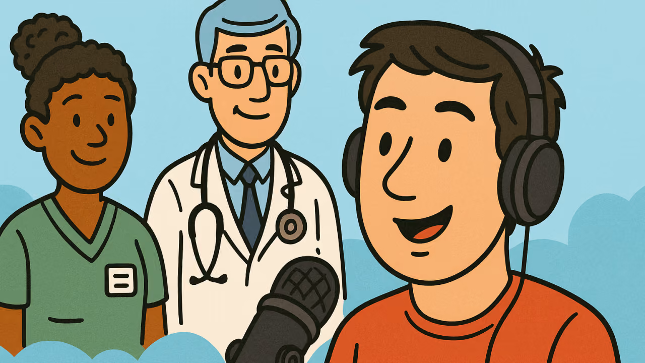 Cartoon of a smiling nurse, a doctor with a stethoscope, and a podcast host wearing headphones at a microphone.