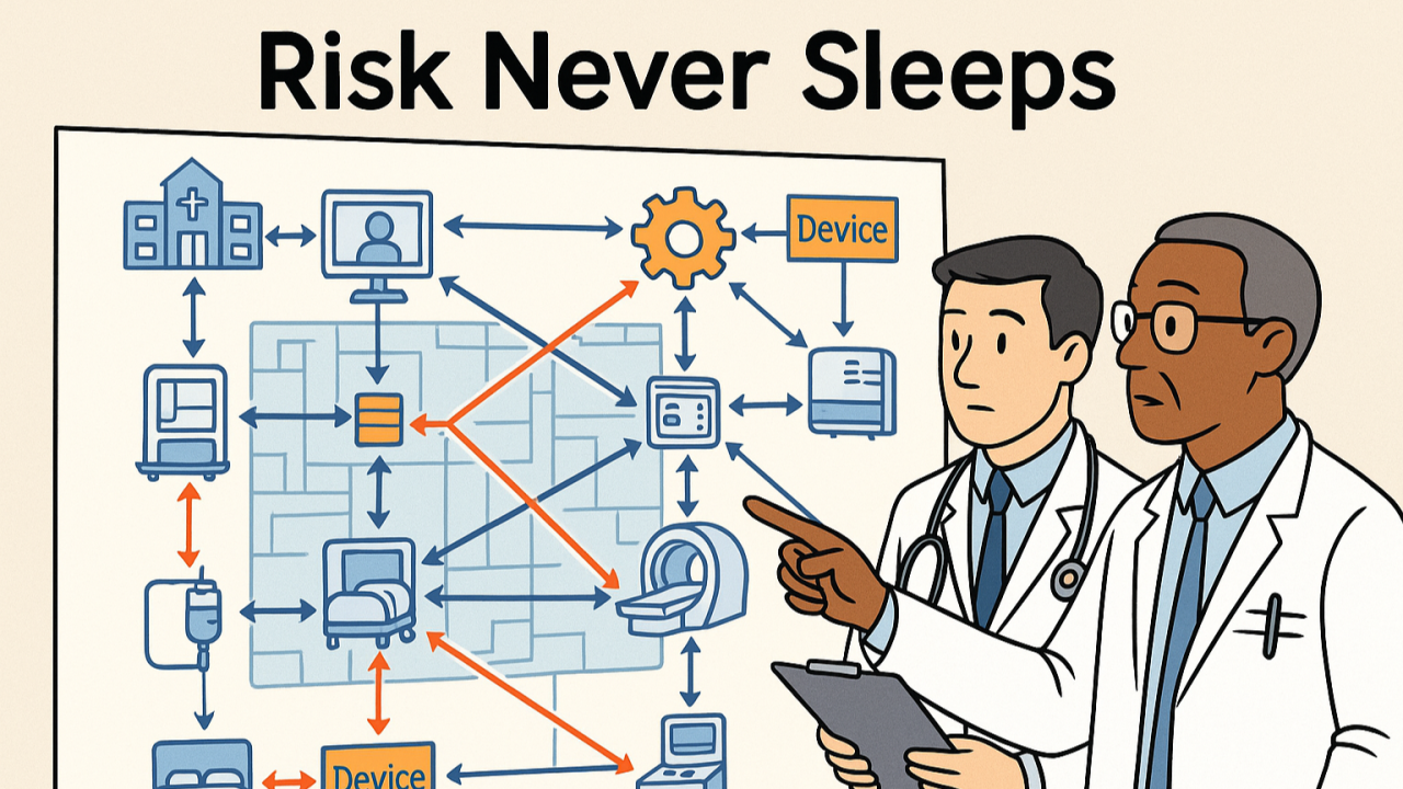 Illustration of two doctors reviewing a Risk Never Sleeps diagram mapping connections between hospitals, medical devices, and systems to reveal systemic risk.