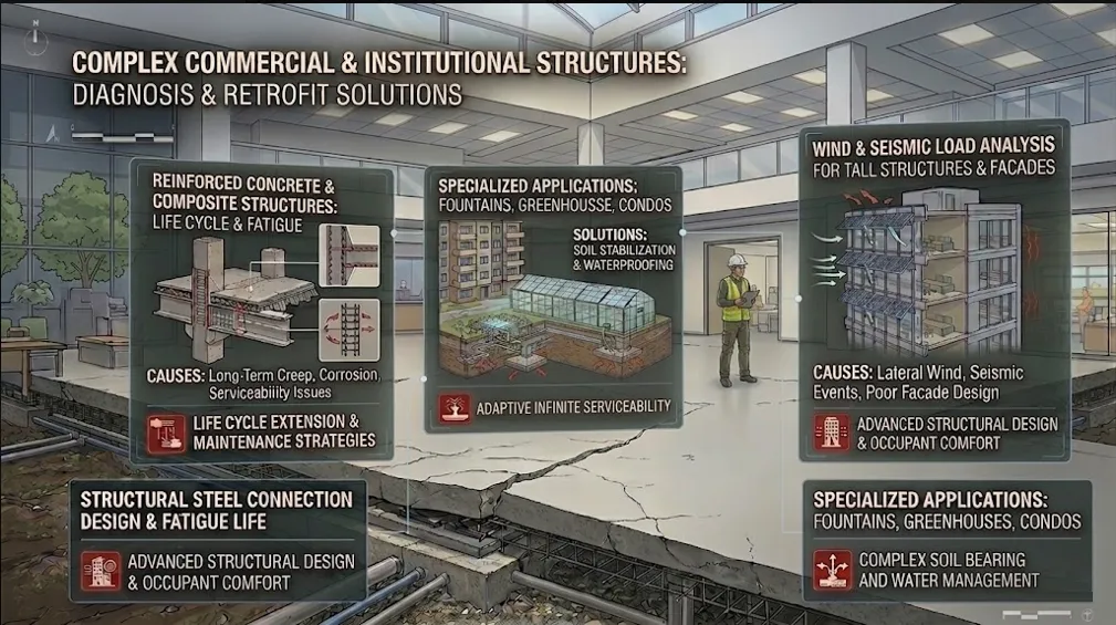 Diagram showing diagnosis and retrofit solutions for complex commercial and institutional structures.