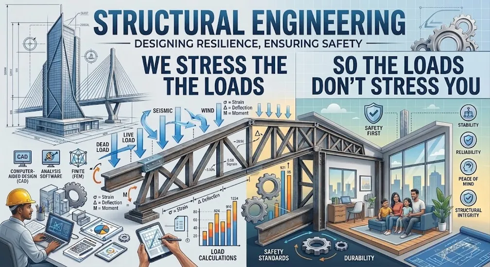 Infographic showing structural engineering concepts with loads, safety, CAD, analysis, a bridge, and a happy family.