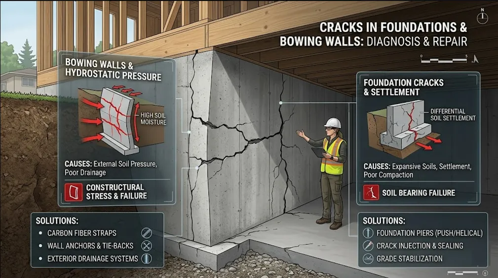 Diagram showing foundation cracks, bowing walls causes, and repair solutions including fiber straps and foundation piers.