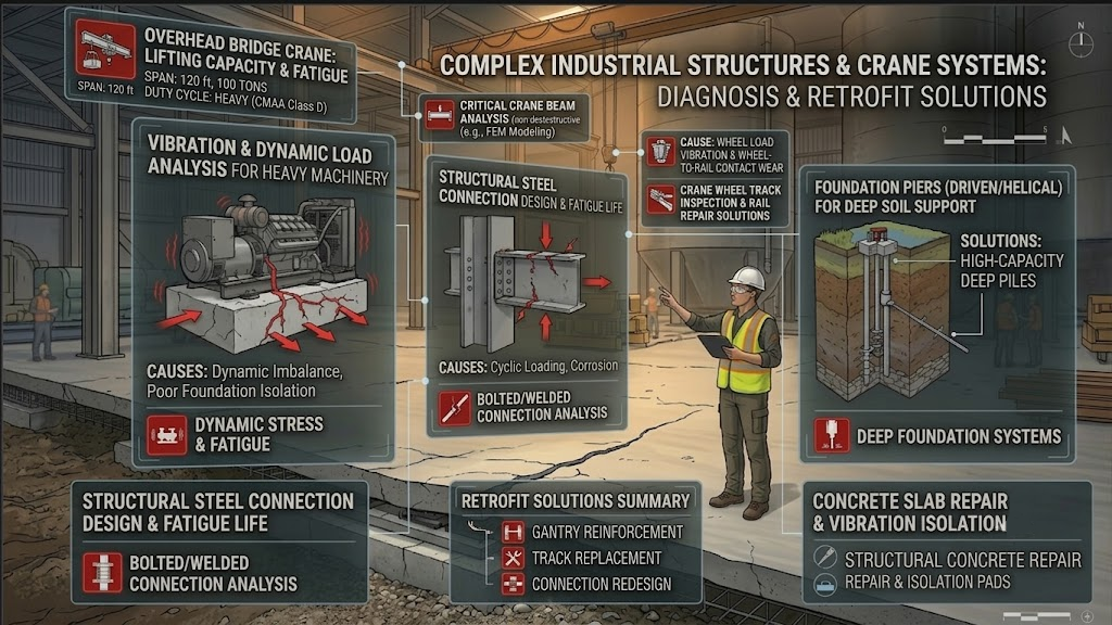 Industrial site with annotations on vibration analysis, steel connection design, foundation piers, and concrete slab repair.