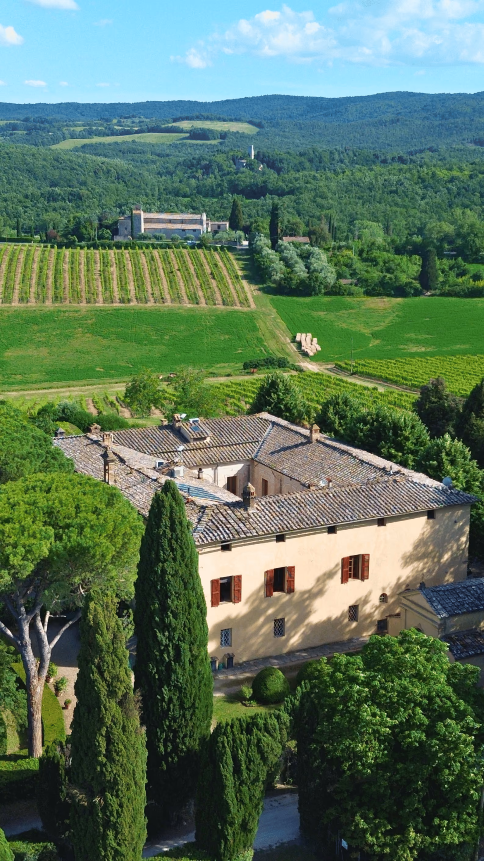 Drone picture of Castello Higo surrounded by tall cypress trees overlooking green fields and vineyards in a hilly countryside.
