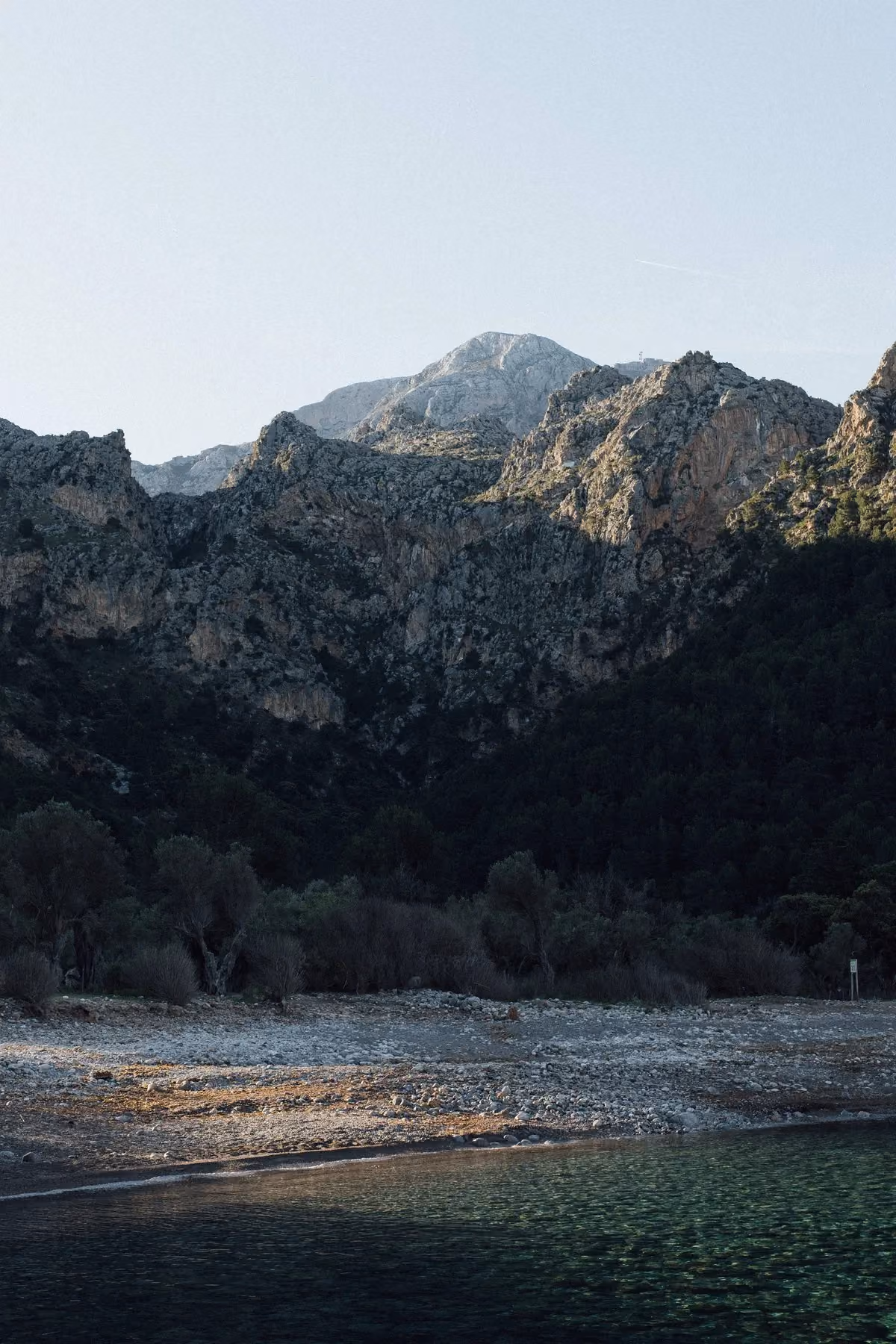 Featuring the Tramuntana Mountain range with forest below and clear water in the foreground under a pale sky, Mallorca.