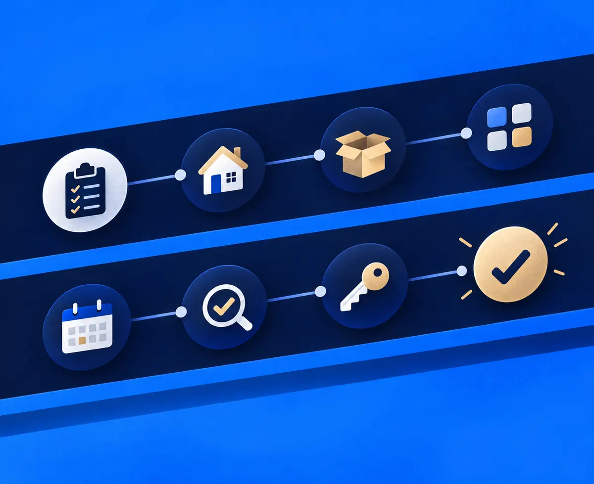 Graphical property transition timeline showing preparation, moving, inspection, closing, and completion milestones