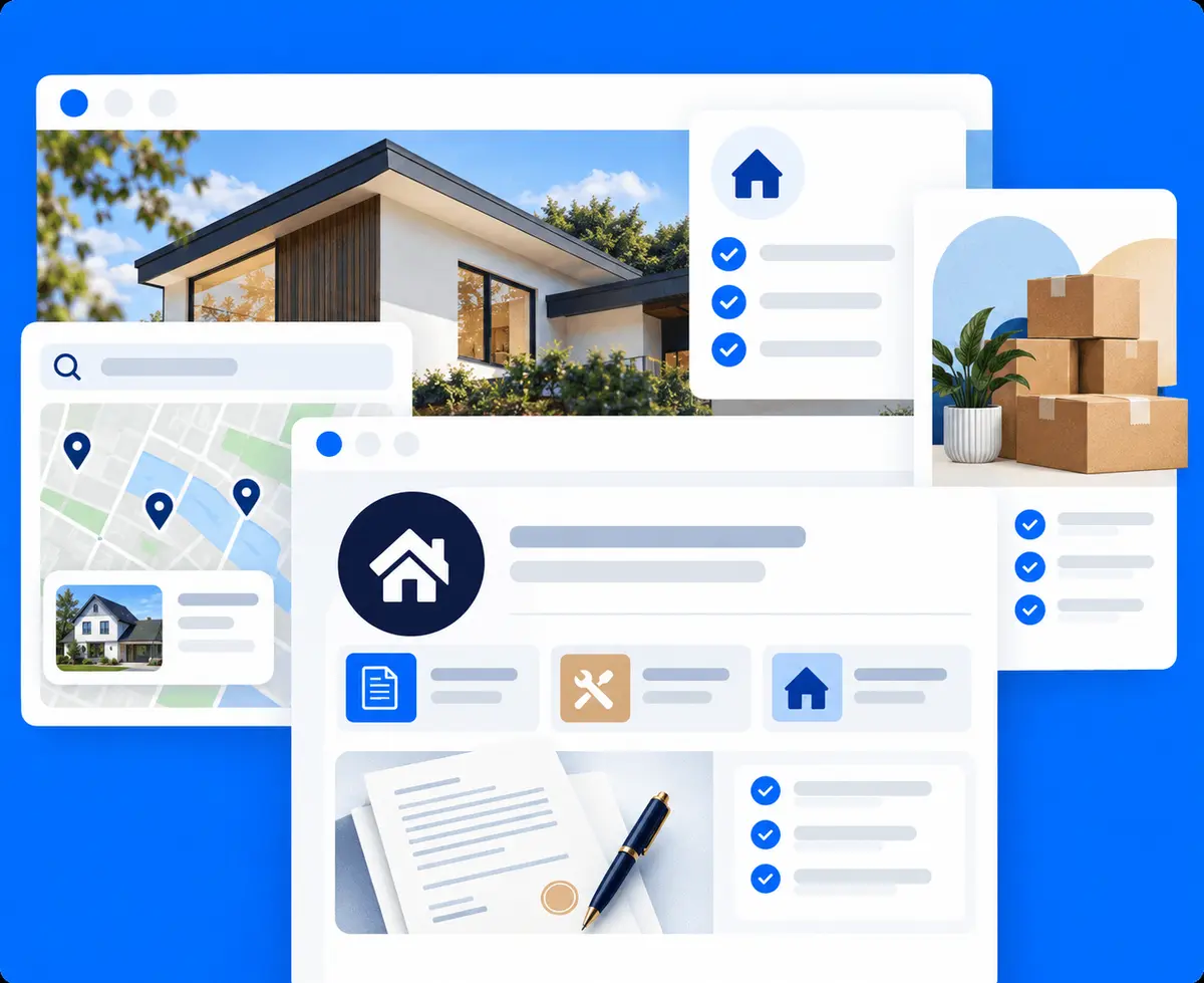 Layered buyer and seller resource cards with home search, preparation checklist, moving boxes, and closing documents