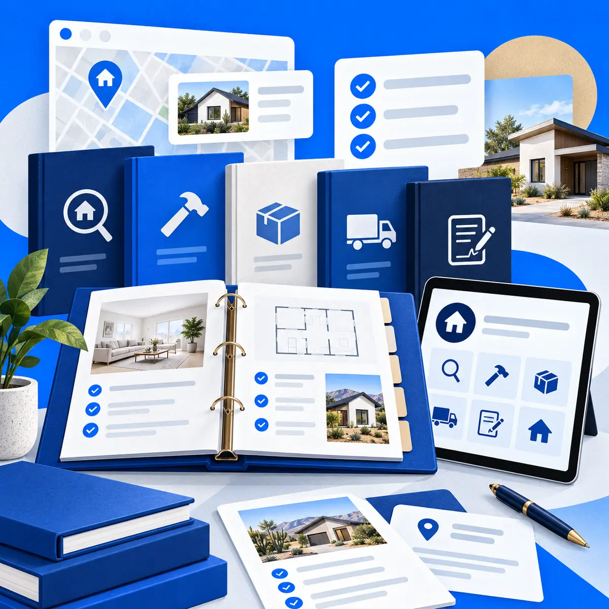 Graphical collection of CMA buyer and seller guidebooks, planning binder, checklists, and digital home resources