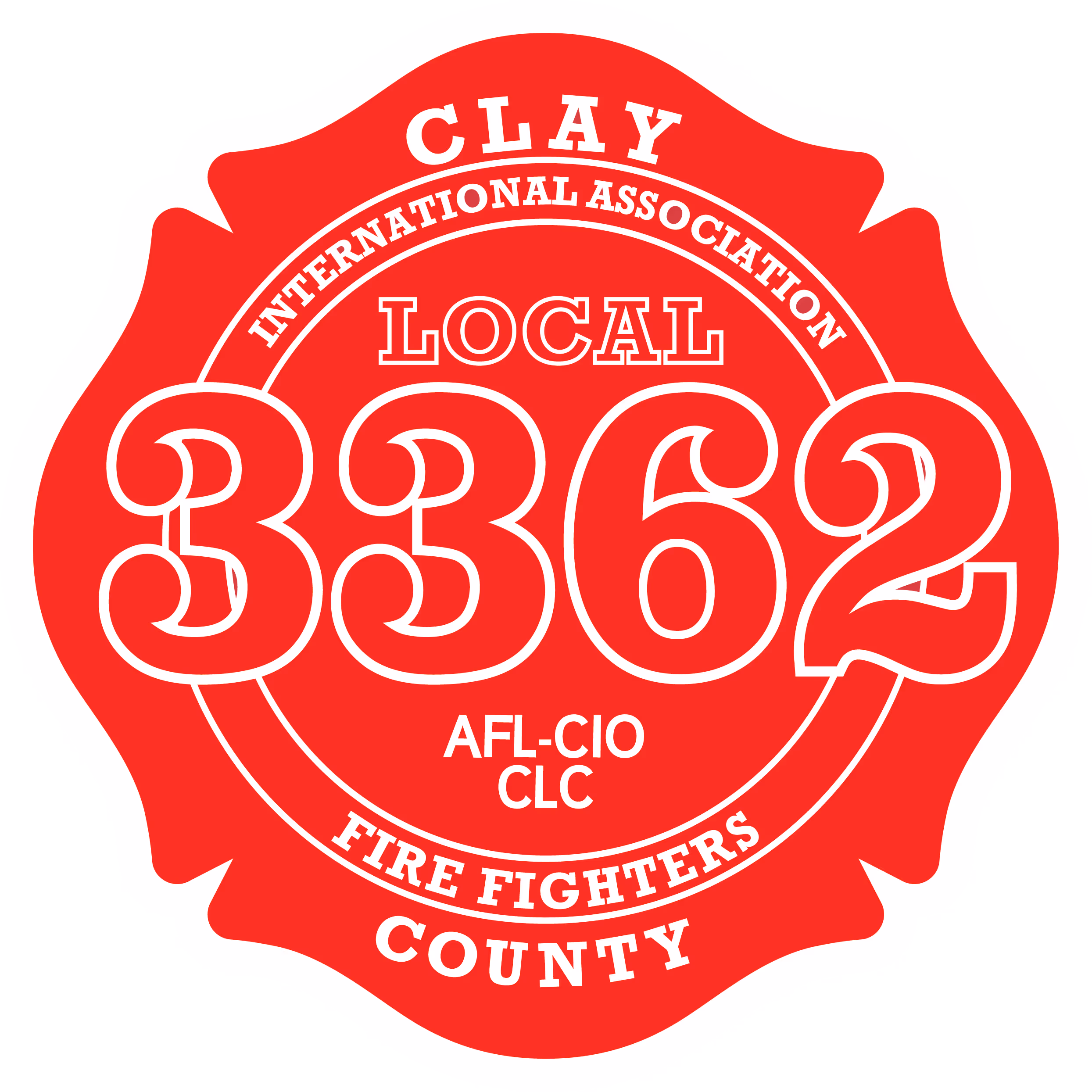 Red badge for Clay County Fire Fighters Local 3362 AFL-CIO CLC International Association.