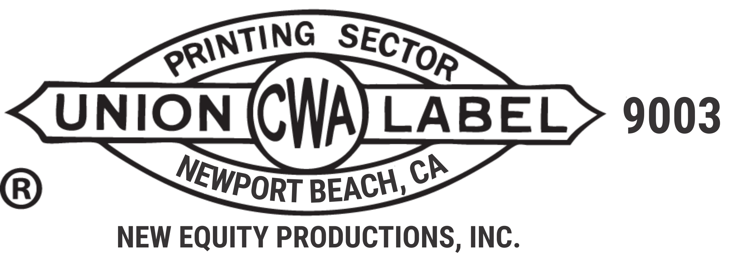 Union label for printing sector with CWA, Newport Beach, CA, and number 9003, New Equity Productions.
