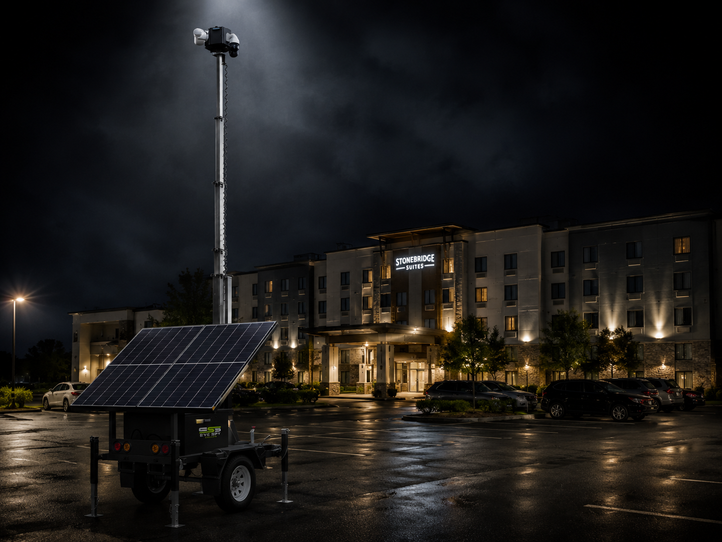 Surveillance trailer deployed at a hotel property