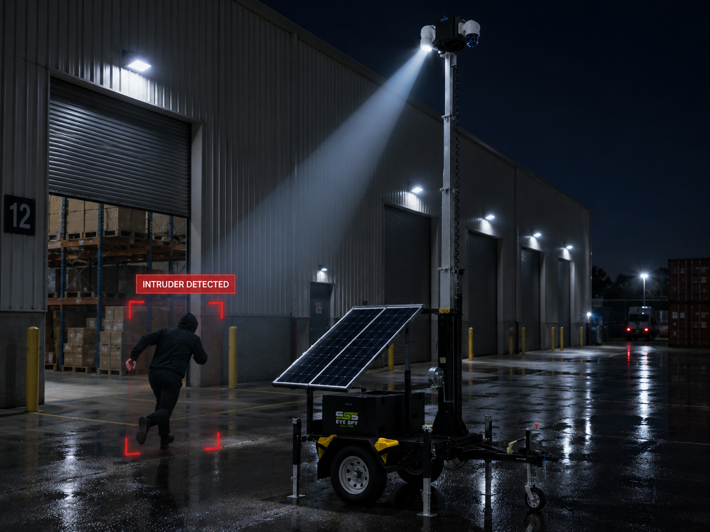 Surveillance trailer at a warehouse site