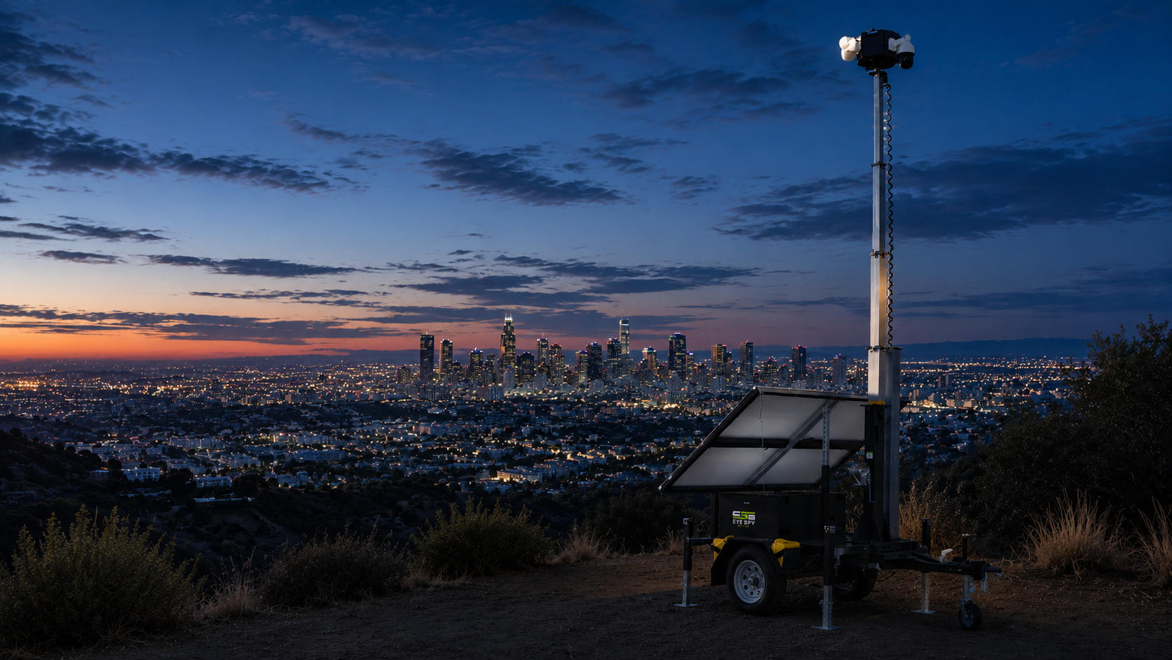 Surveillance trailer watching over a city at blue hour