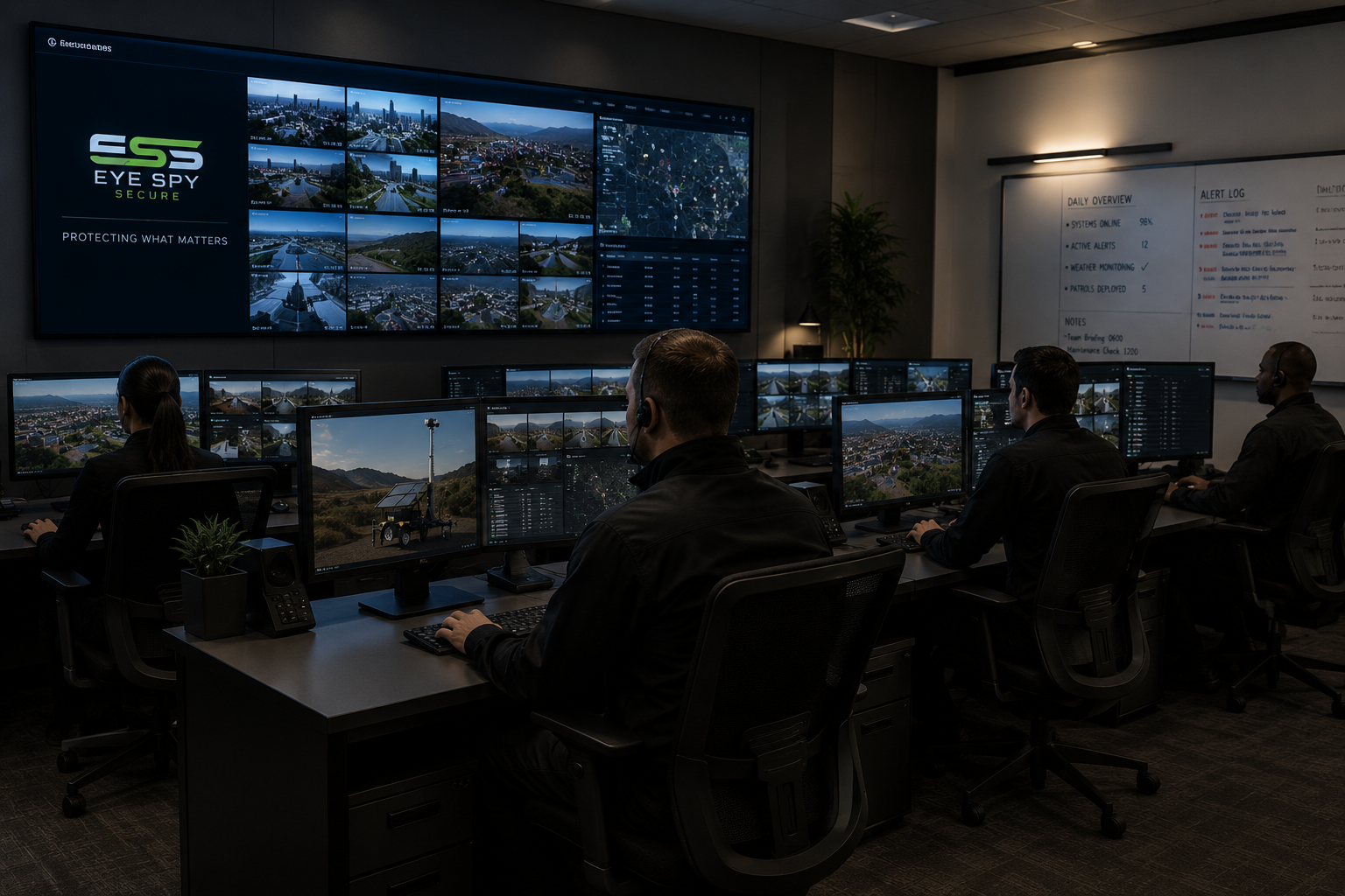 Live monitoring center where Eye Spy Secure agents watch site feeds 24/7