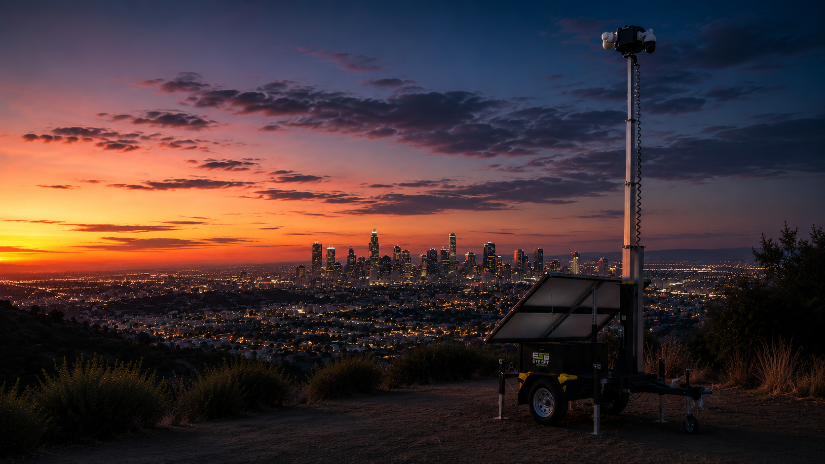 Surveillance trailer at dusk watching over a site