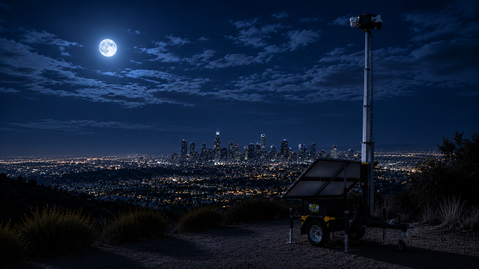 Surveillance trailer watching over a site at night
