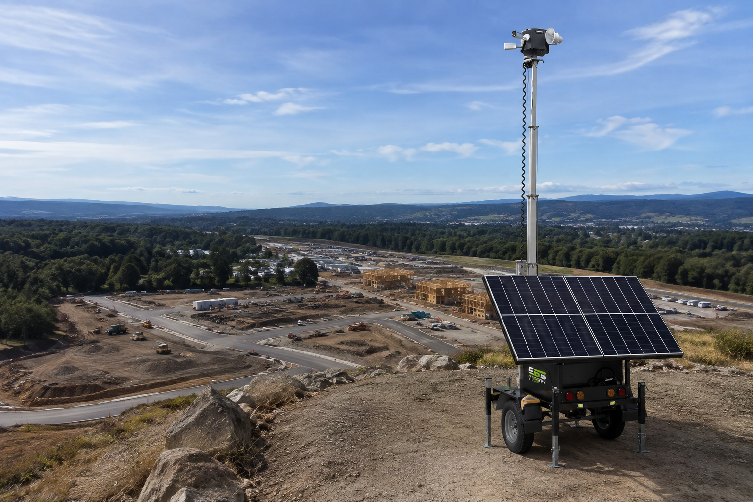 Eye Spy Secure surveillance trailer deployed on a hillside overlooking a construction site