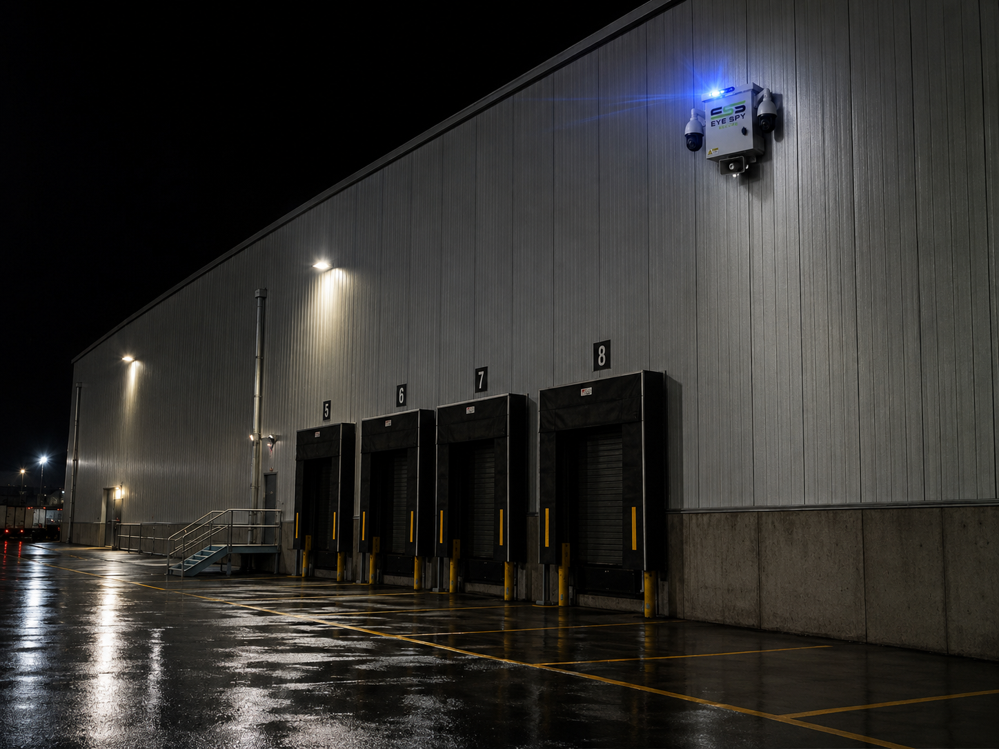 Wall-mounted Eye Spy Secure camera enclosure on a warehouse loading dock at night