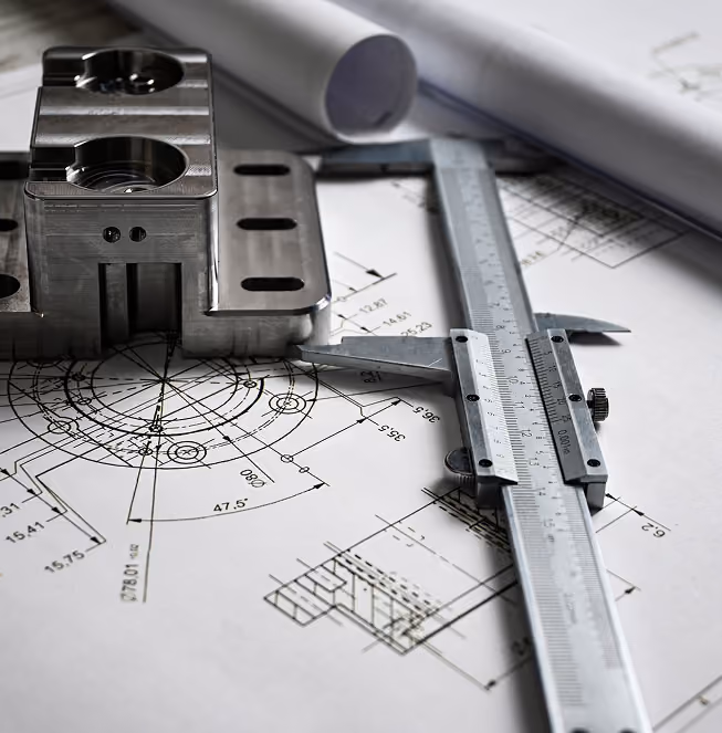 Metal mechanical part, a caliper, and rolled-up technical drawings on a drafting table, illustrating engineering design and precision measurement.